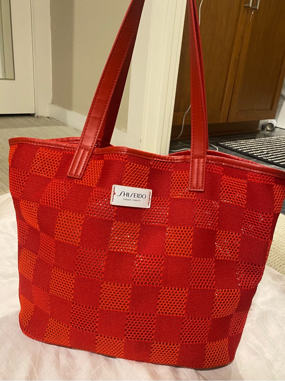 Shiseido Red and Orange Checker Tote